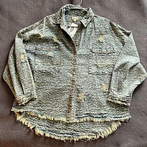 POL leopard distressed denim button down jacket